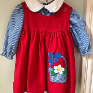 Samara Spring Red Dress with Blue Gingham Sleeves and Floral Pocket